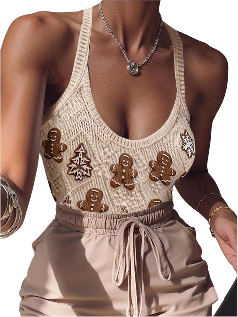 SOLY HUX Women's Cute Graphic Cami Bodysuits Sleeveless Fitted Leotard Holiday Going Out Tops