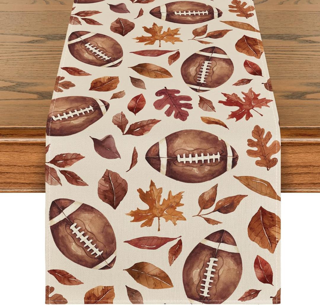 3 x Artoid Mode Rugby Maple Leaves Football Fall Table Runner, Seasonal Harvest Autumn Kitchen Dining Table Decoration for Home Party Decor 13x72 Inch