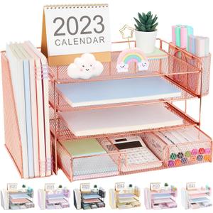 Desk Organizer and Accessories, 4-Tier Desktop File Organizer with Drawer and 2 Pen Holders, Office Desk Accessories for Office Supplies(Rose Gold)