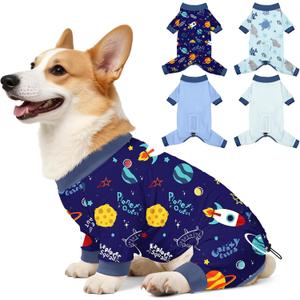 Bienbee Dog Pajamas, 4 PCS Dog Jammies Onesie Pjs Soft Stretchy Doggie Pajamas Dogs Clothes Costume for Small Medium Large Dogs Boy Girl(Rockets and Marine Animals Set)-XL