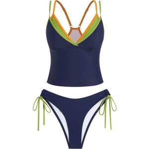 ZAFUL Women Double Layer Tankini Set V Neck Color Block Swimsuit Side Tie Two Piece Bathing Suit, Size: X-Large