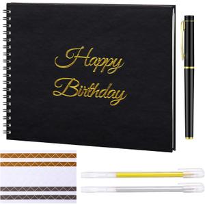 Birthday Guestbook with Pens Stickers Happy Birthday Signature Book 8.3 x 6.5 Inch Black Gold Birthday Guestbook for Birthday Photobooth Photo Strips Scrapbook Birthday Gift Party Supplies