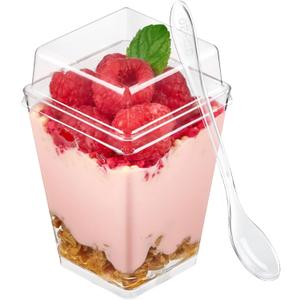 TOFLEN 50 Pack 5 oz Plastic Dessert Cups with High Lids for Party, Mini Dessert Cups with Spoons Dessert Shooter Cups for Yogurt Parfait, Appetizer, Pudding, Fruit and Ice Cream