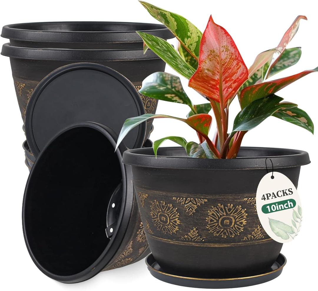 4 Pack 10 inch Plant Pots, Retro Pattern Planters with Drainage Holes and Saucer, Sturdy Plastic Garden Flower Pots for Indoor & Outdoor Plants (Gold)