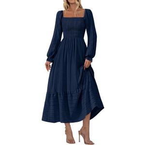 BTFBM Women Maxi Spring Dresses 2026 Long Sleeve Solid Color Square Neck Smocked Boho Long Wedding Guest Dress(Navy,X-Large)
