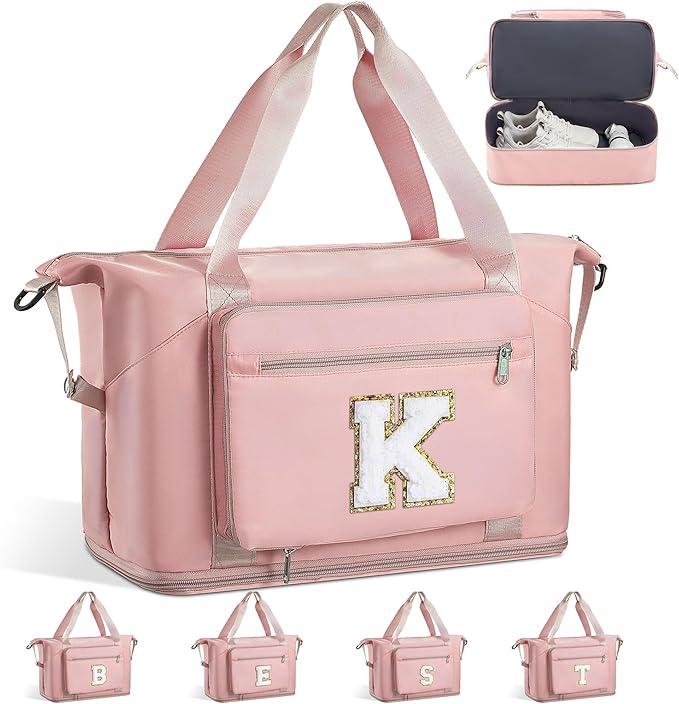 Personalized Gifts for Women Girls, Cute GYM Gymnastics Sports Workout Dance Bag with Shoe Compartment, Initial Large Duffle Carryon Bag for Traveling Essentials for Teen Tween Kids-Pink K