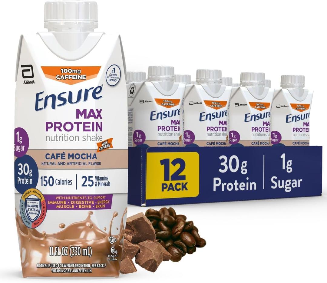Ensure Max Protein Cafe Mocha Nutrition Shake | 30g Protein, 1g Sugar, 4g Fiber Blend | 12 Pack (EXP 09/01/26)