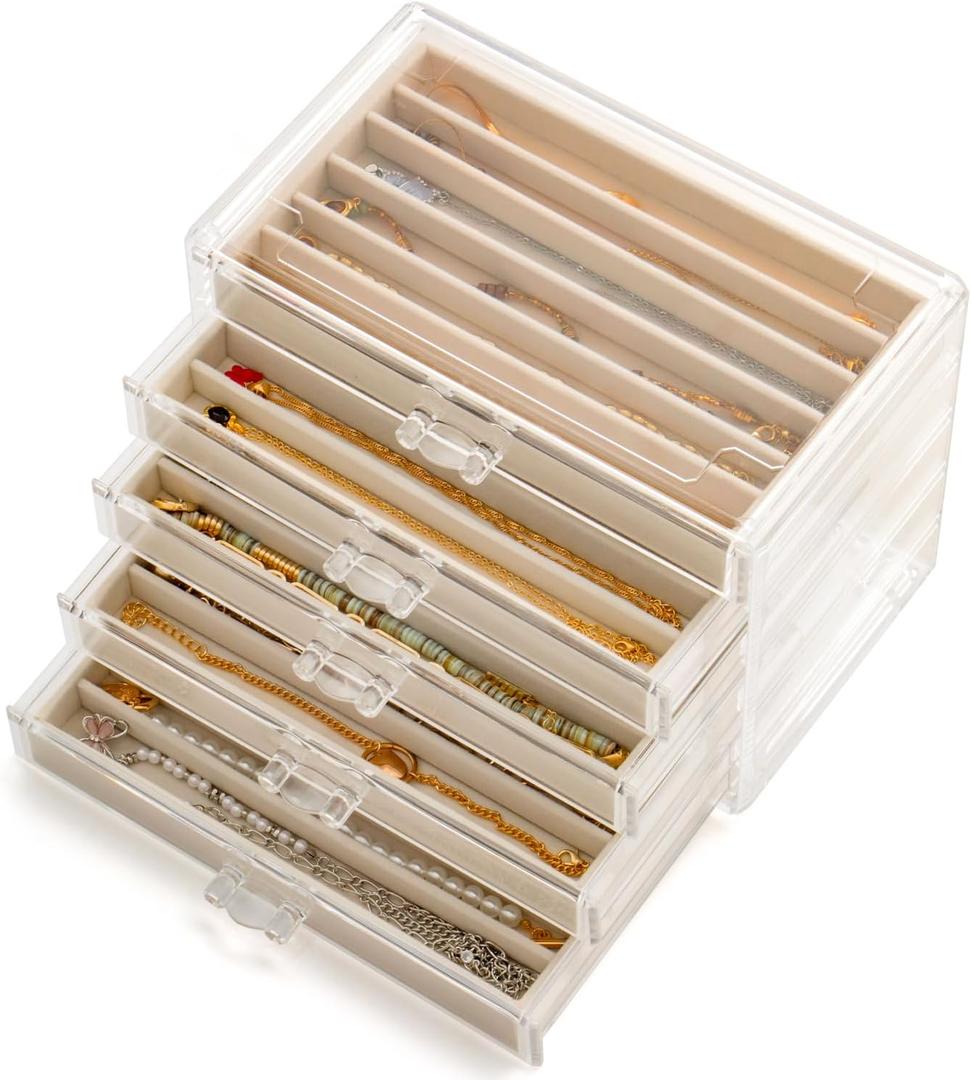 Necklace Organizer Box with 5 Drawers 30 Compartments, Dustproof Velvet Necklace Display Tray, Acrylic Necklaces Display Case, Pendant Chains Necklace Storage Tray Gift for Women and Girls (Beige)