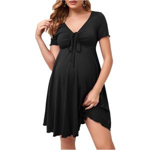 OYOANGLE Women's Maternity Bow Front Short Sleeve Dress V Neck A Line Pregnancy Casual Short Dresses, Size Large