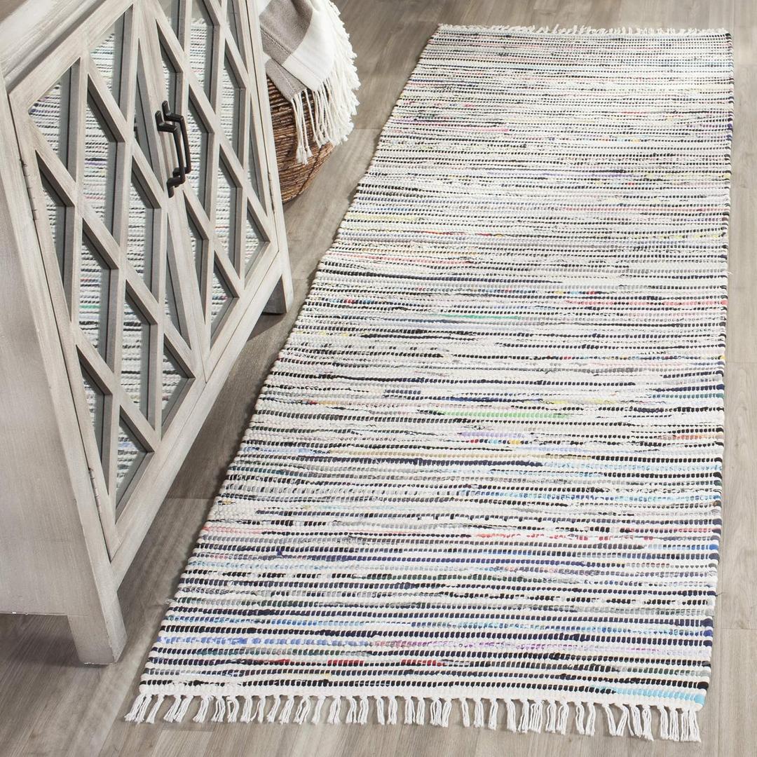 SAFAVIEH Rag Rug Collection Runner Rug - 2'3" x 6', Ivory & Multi, Handmade Boho Stripe Cotton, Ideal for High Traffic Areas in Living Room, Bedroom (RAR125B) (2'3" x 6', Ivory/Multi)