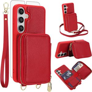 Phone Case for Samsung Galaxy A35 5G Wallet Cell Cover with Tempered Glass Screen Protector Wrist Crossbody Strap Lanyard Stand RFID Blocking Credit Card Holder A 35 35A A355G Women Men Girls Red