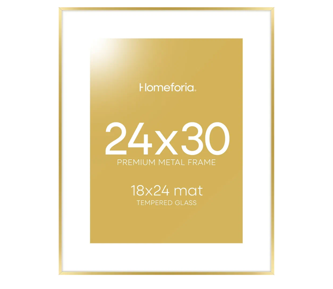 Homeforia 24x30 Picture Frame Gold, High End Metal 24 x 30 Poster Frames with 18 by 24 Mat Opening, 24x30 Gold Photo Frame Matted to 18x24 Print, 30x24 Large Frames, Tempered Glass, Wall Kit, Set of 1