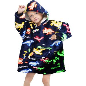 REXEO Wearable Blanket Hoodie for Kids Fleece Sweatshirt Blanket Dinosaur Gifts for Boys Girls Flannel Hooded Blanket with Pocket and Sleeves for Kids (Kids 2-5YR)