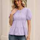 Rapbin Womens Puff Short Sleeve Babydoll Tops Summer Peplum Pleated Cotton T Shirts Casual Loose Fit Flowy Blouses (L)
