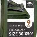 RAINDEWAY Tarps 30x50 Feet,Large Tarp Waterproof,9Mil Thick Finished Size, Multipurpose Poly Tarp Cover with Metal Grommets and Reinforced Edges,Green/Black Tarpaulin