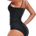 Women's Two Piece Tankini Swimsuits One Shoulder Tummy Control Keyhole Bathing Suits Swim Top with Bottom (Black, L)