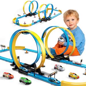 Toy Car Race Track Set for Boys Kids Age 3-5 4-7, Race Tracks with 4 Crash Zones and 1:64 Scale High-Speed Slot Cars, Christmas Halloween Birthday Gifts Toys for Toddlers Boys 4-8 8-12 Years