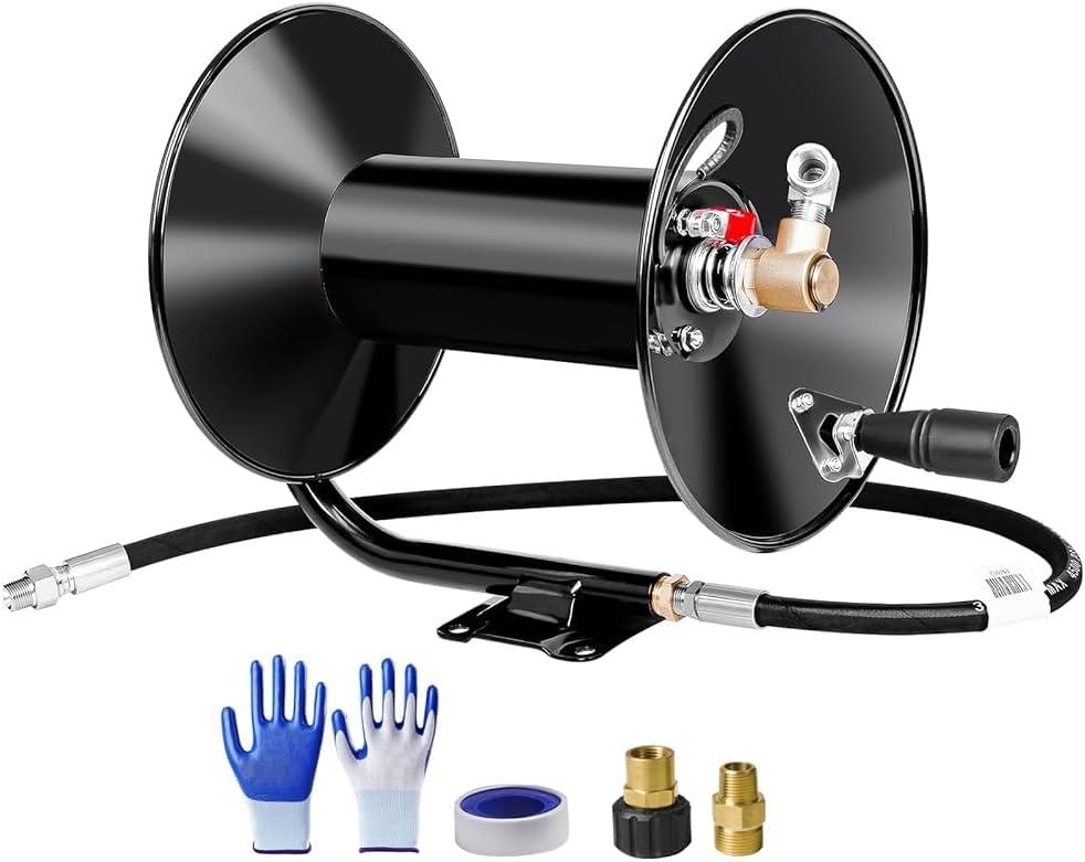 MEKOH Pressure Washer Hose Reel 100ftx3/8/130ftx1/4, 4000PSI Heavy Duty Power Washer Hose Reel with M22-14 Fitting, Hand Crank Metal Reel with Wall/Trailer/Van Mount, Manual Hose Reel for Water