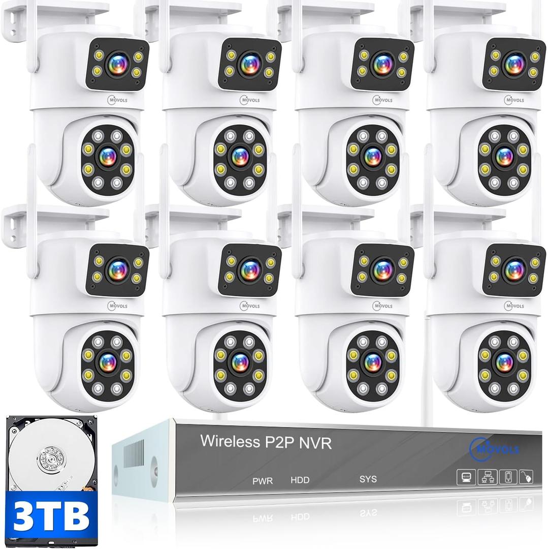 MOVOLS Wireless Security Camera System 5G/2.4G WiFi 8pcs 4MP+4MP Dual Lens Camera System,2K HD PTZ Dome Cameras System with Color Night Version, Motion Detection,3TB HDD, 16CH MOVOLS Wireless Security Camera System 5G/2.4G WiFi 8pcs 4MP+4MP Dual Lens Camera System,2K HD PTZ Dome Cameras System with Color Night Version, Motion Detection,3TB HDD, 16CH