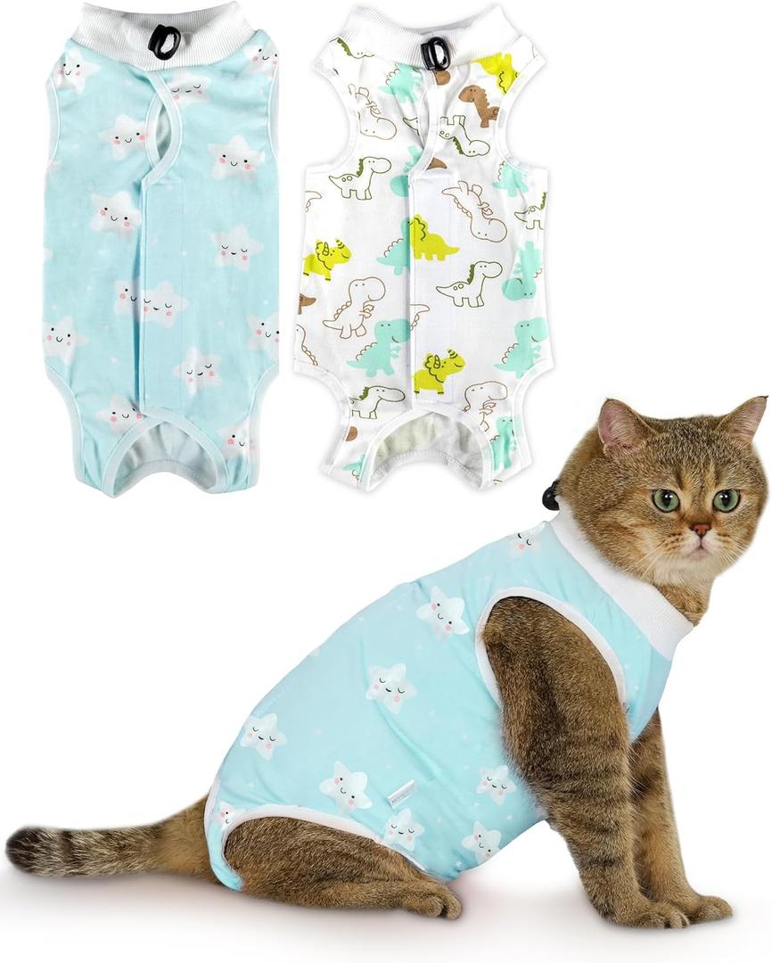 ANWA 2 Pack Cat Recovery Suit - Breathable Cat Onesie for Cats After Surgery Female, Kitten Surgery Recovery Suit Female Abdominal Wounds (Large, Star + Dinosaur)