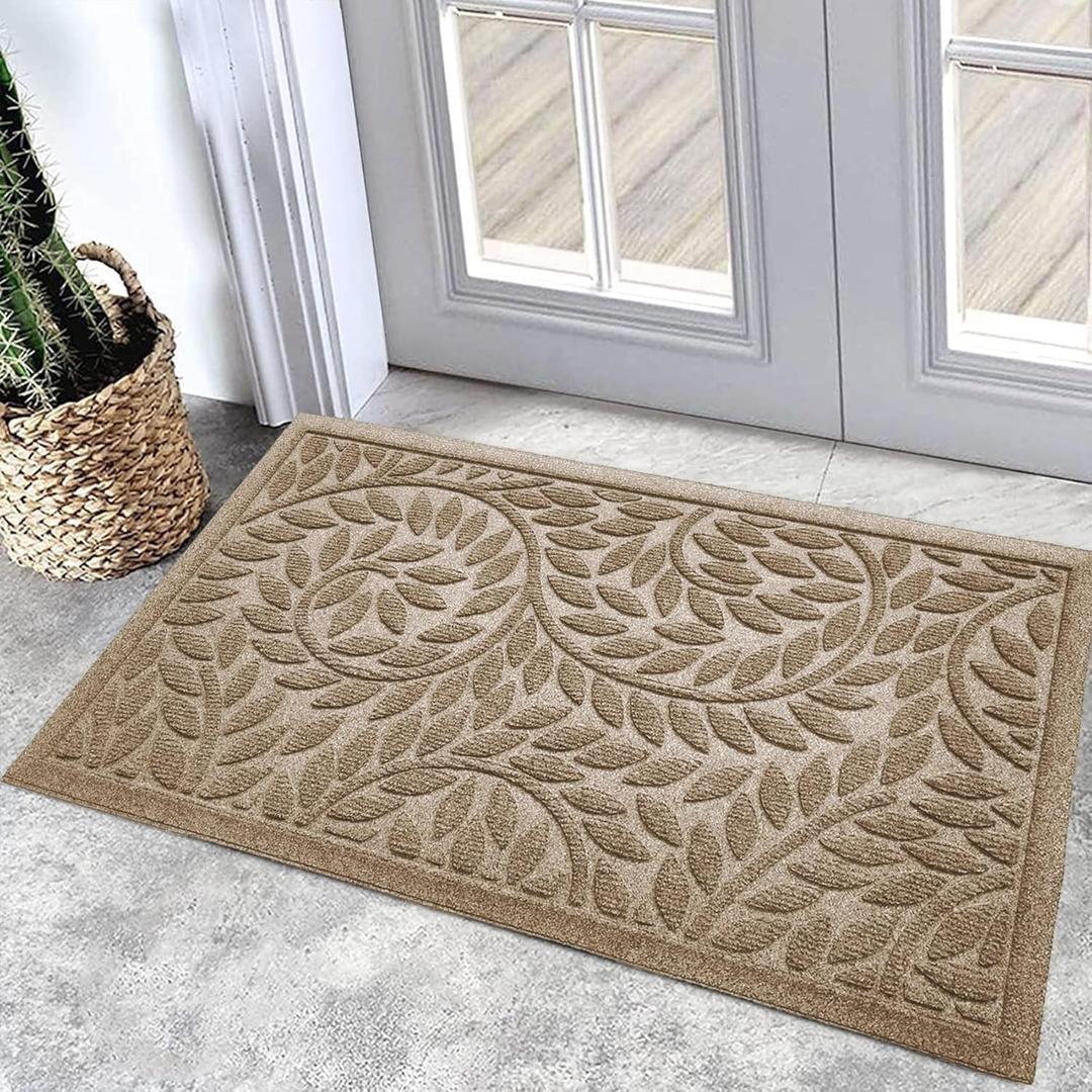 Bulijojo Front Door Mat Entrance, Durable Heavy Duty Welcome Mat, Thick Absorbent Natural Rubber Non Slip Mat, Sturdy Entryway Beige, 23"x35" (1'11" x 2'11" (Leaf))