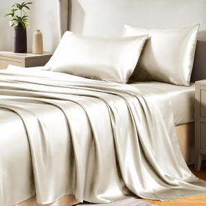 CozyLux Satin Sheets Queen Size Bed Set - 4 Piece Silky Queen Sheet Set, Luxury Beige Queen Sheets with Smooth and Soft Microfiber, Includes 1 Fitted Sheet, 1 Flat Sheet and 2 Pillowcases