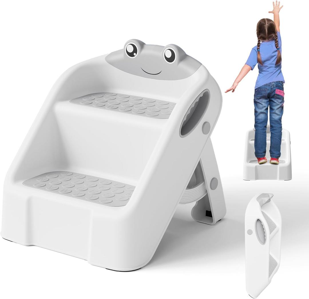 Toddler Step Stool, Easy to Fold Step Stools for Toddlers with Non-Slip Surface & Alphabet Patterns, Lightweight & Cute Kids Step Stool for Potty Training, Bathroom Sink, and Bedroom, Gray