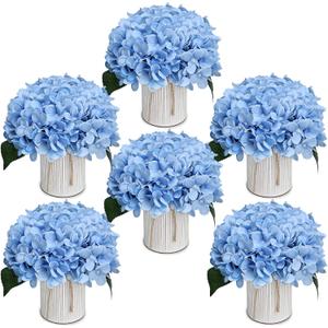 Flower Table Centerpieces - Set of 6 Floral Arrangement Artificial Wedding Hydrangeas Floral Arrangement with Rustic Metal Vase for Bridal Tea Party Event Decorations - Pastel Blue