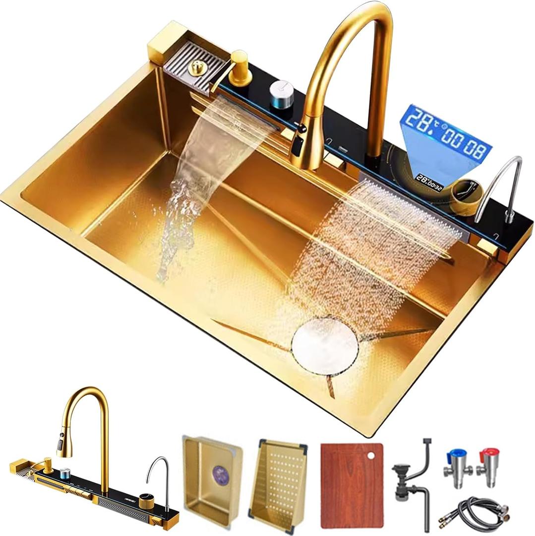 Double Waterfall Sink with LED Display, Cup Washer, Soap Dispenser, Worktop Controller, Gold, 29.5 * 18.1 * 8.7 IN
