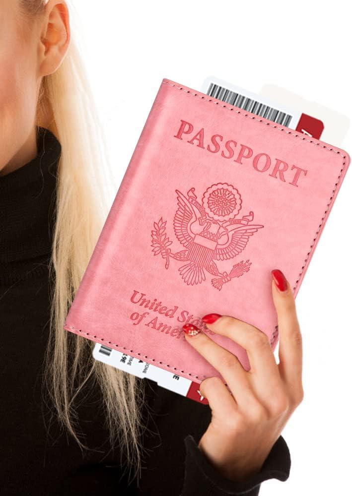 Eoehro Passport and Vaccine Card Holder, Faux Leather, AI-pink, Compact, Lightweight, Waterproof