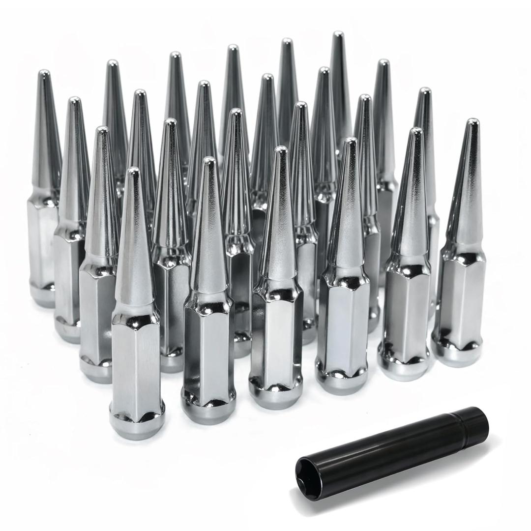 M12X1.5 Chrome Silver Wheel Spike Lug Nuts, 24 PCS Lug Nut Wheel Accessories with 1 Socket Key, Thread Spiked 4.4" Long Closed End Nuts Compatible with Camry Accord Impala