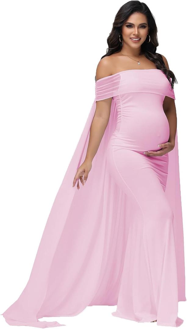 Maternity Mesh Off Shoulder Chiffon Cloak Maxi Photoshoot Dress (Pink, M)