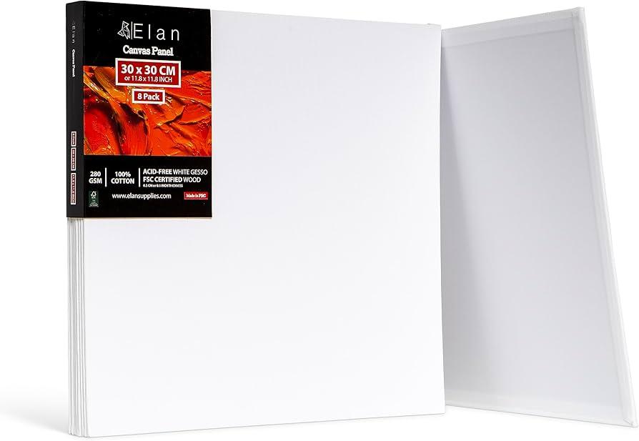 Elan Canvas Boards for Painting 11.8x11.8 Inch, 8-Pack 100% Cotton Acid-Free Blank Canvases for Painting 8oz, Triple Primed 11.8x11.8 Canvas Panels