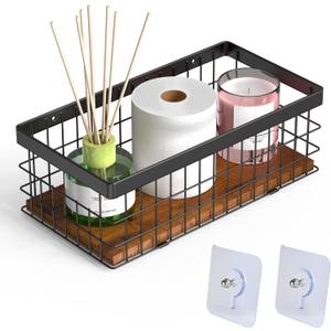 Toilet Paper Basket with Decorative Wood Base, Small Metal Wire Basket for Toilet Paper, Cosmetic & Spices, Wall Mount Storage Basket for Bathroom, Kitchen