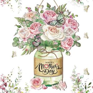 Spiareal Happy Mother's Day Wood Sign Mother's Day Welcome Door Sign Jar Carnation Flower for Front Door Window Decor Flower Wreath Hanging Plaque for Mother's Day