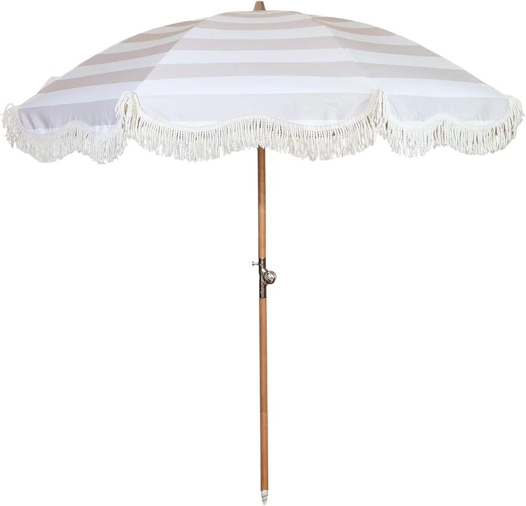 Beach Umbrella for Sand with Fringe Luxury Boho Outdoor Umbrella for Beach, Pool, Garden, UPF 50+ Wood Shaft Metal Fittings Round with Carry Bag From