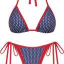 seamoly Contrast Binding Textured Halter Triangle Tie Side Bikini Set, Large
