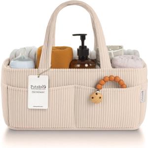 PUTSKA Baby Diaper Caddy Organizer for Changing Table – Stylish Nursery Storage Basket, Newborn Essentials, Baby Shower Gifts and Registry Must-Haves for Boy or Girl, Car Diaper Caddy, Corduroy Cream