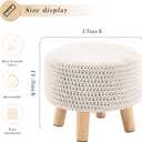 Boho Ottoman Foot Stool Cotton Knitted Round Pouf Ottoman Foot Rest Stool with Non-Skid Wooden Legs Step Stool Padded Seat for Living Room White