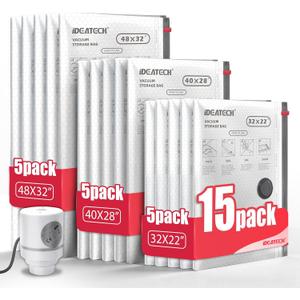 IDEATECH 15Pack Vacuum Storage Bags with Electric Pump, Jumbo Vacuum Seal Bags for Clothing, Bedding & Blanket, Heavy Duty Compression Space Saver with Airtight Seal, Complete Home Storage-5M+5L+5XL