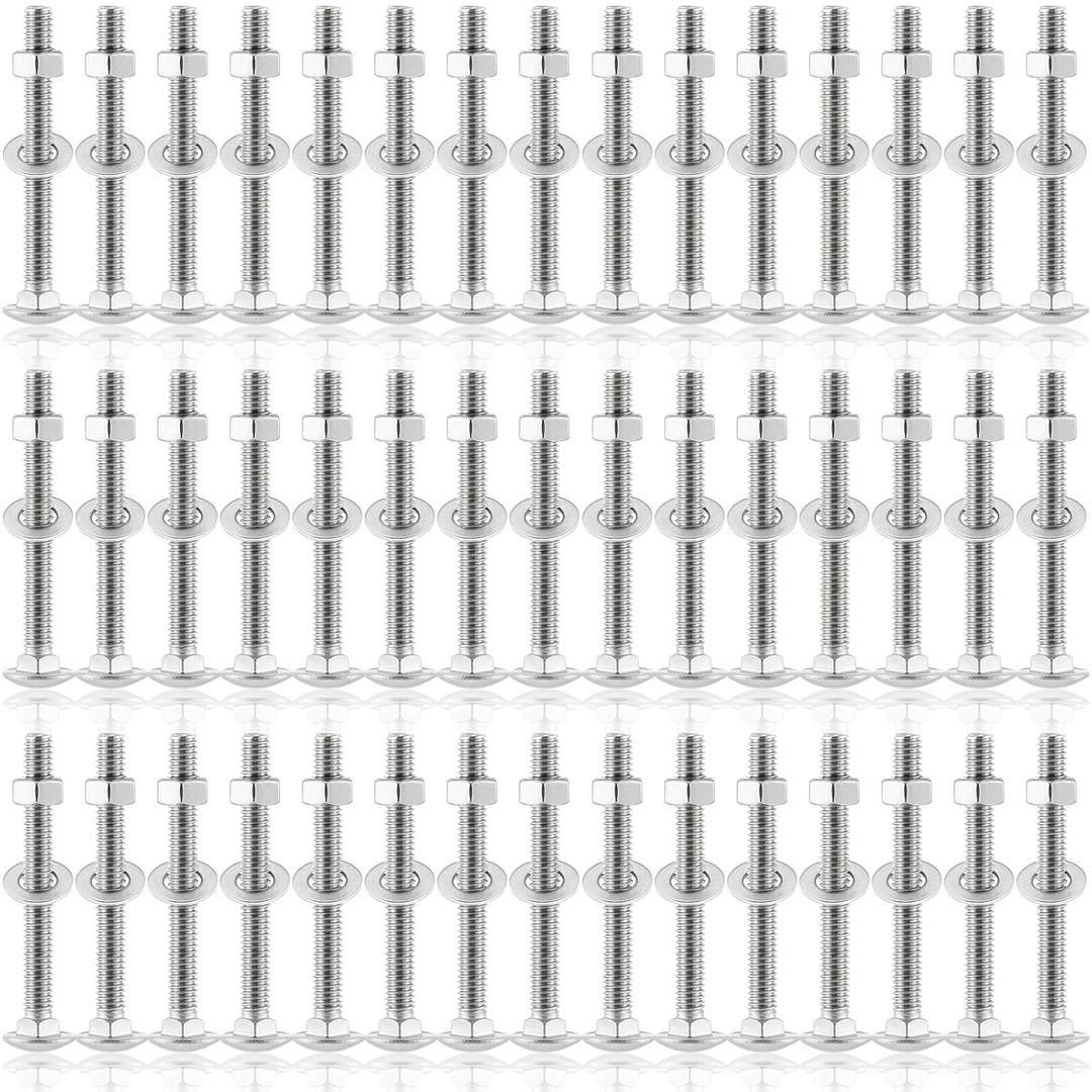 Zonon 50 Sets 1/4-20 x 2-1/2" Stainless Steel Carriage Bolts and Nuts Kit Round Head Square Neck Carriage Bolts Screws and Hex Nuts and Flat Washers, Stainless 18-8 Full Thread Coverage (Silver)