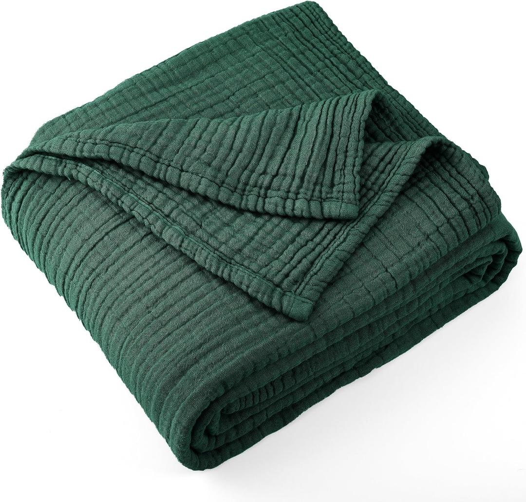 Carriediosa 100% Cotton Muslin Throw Blanket 108x90 Summer Gauze for Adult 4-Layers King Size Throws for Bed Sofa Couch, Soft Lightweight Breathable Linen Blankets Bedspread All Season, Dark Green