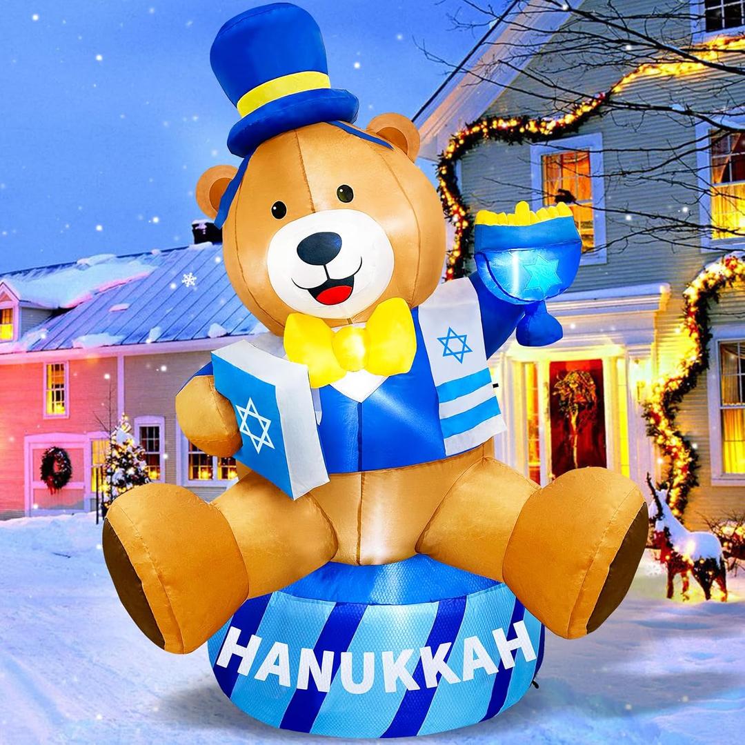 6 FT Hanukkah Inflatable Gentleman Bear Holding Menorah and Bible Outdoor Decorations, Build in LEDs & Tethers Stakes Giant Teddy Bear Blow Up Yard Decoration for Holiday Party Indoor Patio Lawn