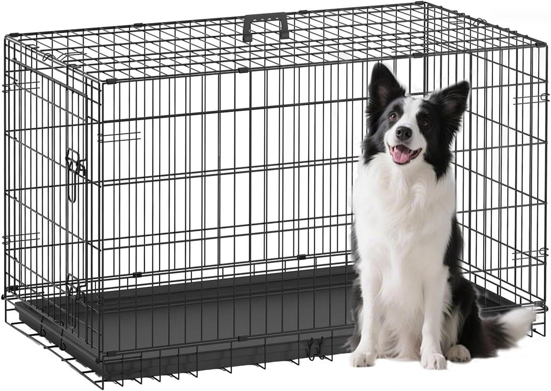 FDW | 42" Foldable Metal Dog Crate | Black | Cage for Medium Dogs