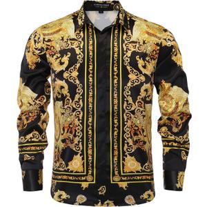 Mens Luxury Brand Print Silk Satin Design Button Down Dress Shirt (L)