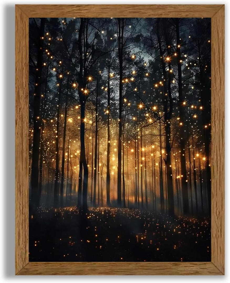 JLTULT Framed Enchanted Forest Firefly Canvas Wall Art, Dark Twilight Landscape Wall Decor, Rustic Botanical Nature Tree Art Prints for Bedroom Living Room Office Decoration 8x10 inch Easy to Hang