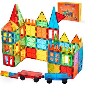 Gemmicc Magnetic Tiles, Deluxe 136 PCS Building Blocks Magnet Toys for Kids,3D Magnet Puzzles Stacking Blocks for Boys Girls, Huge Set with 2 Cars