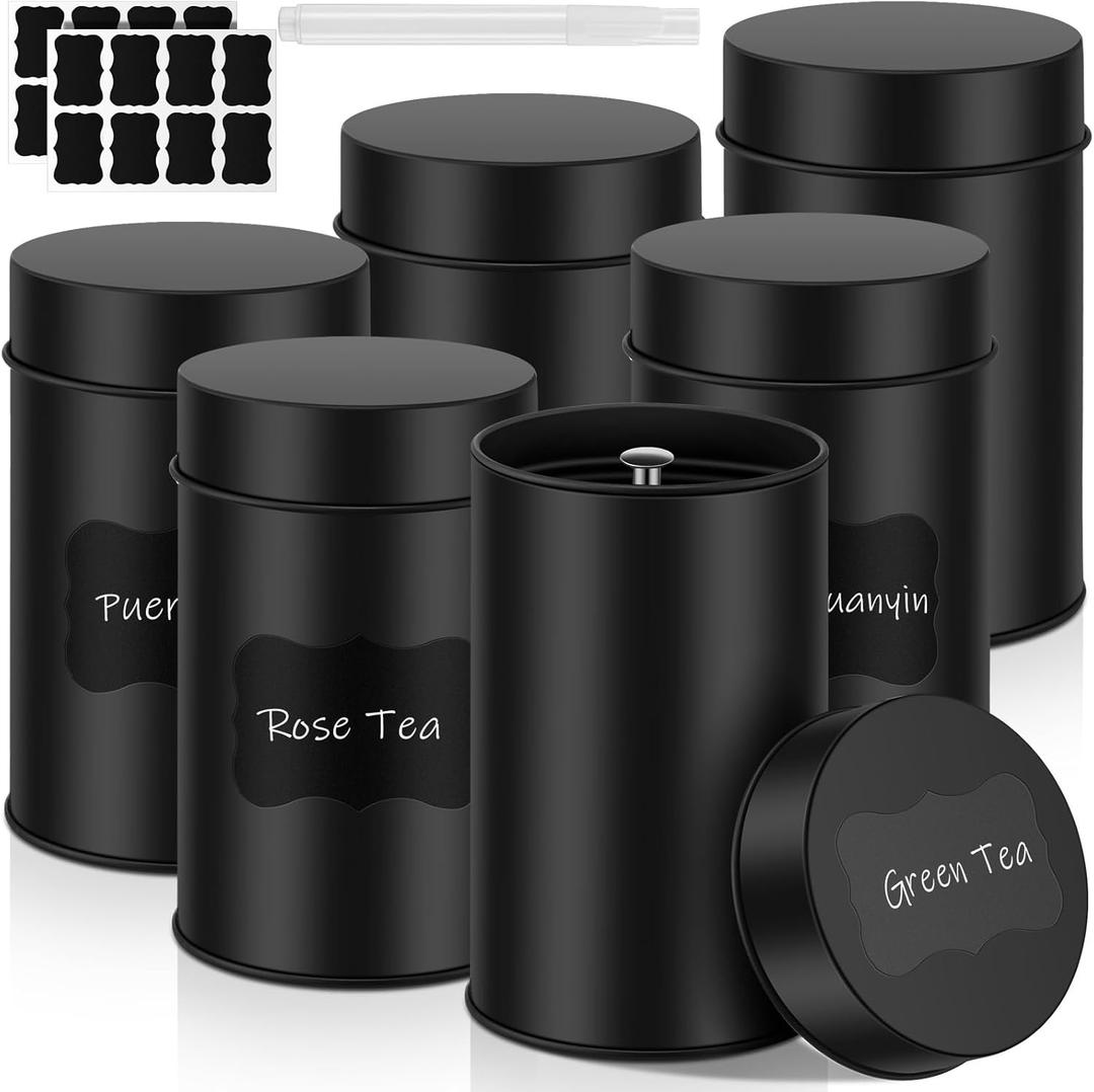 Tanlade 6 Pcs Tea Tin Canister Metal Round Can with Airtight Lid Double Sealed Tea Tin Canisters, with 1 Erasable Chalk Marker and 16 Stickers for Loose Leaf Coffee Sugar, 14 oz