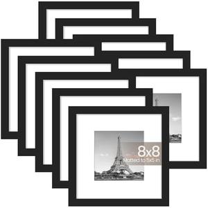upsimples 8x8 Picture Frame Set of 8, Display Pictures 5x5 with Mat or 8x10 Without, Multi Photo Frames Collage for Wall or Tabletop Display, Black