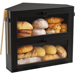 WOWLIVE Corner Bread Box for Kitchen Countertop, Large Double Layer Bread Storage Container for Homemade Bread, Black Bread Holder for Kitchen Counter, Under Cabinet Organizer (Black, Medium)